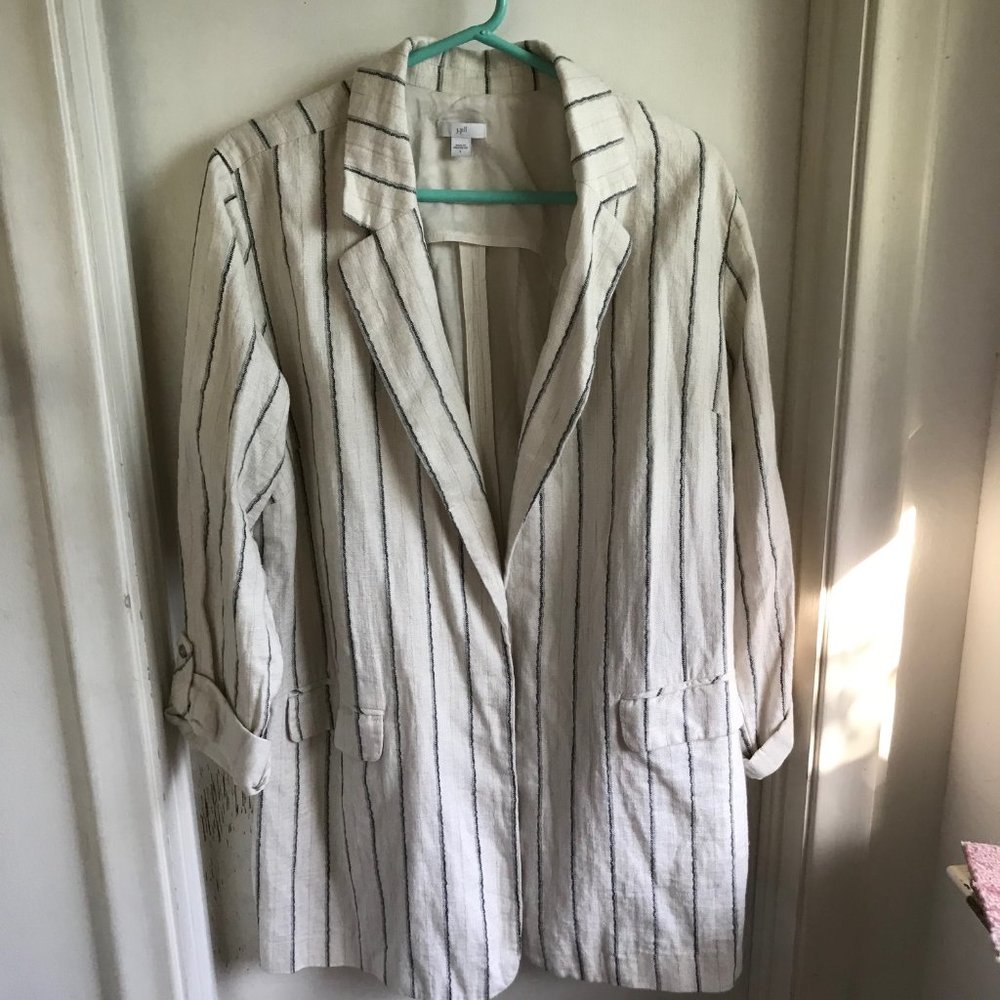 J Jill Striped Linen Long Loose-Fit Blazer Large